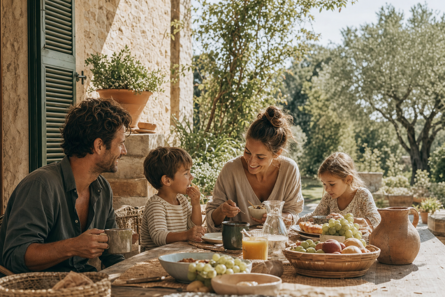 Family on Mediterranean terrace